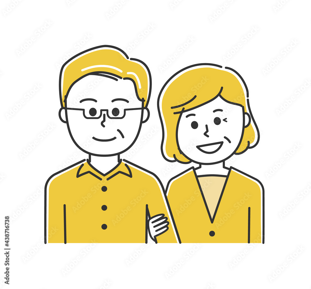 Lovely senior couple walking with arms linked. Vector illustration isolated on white background.