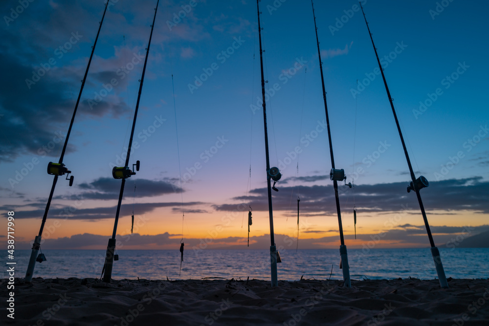 Fishing rods held in fishing rod holders. The rods are bent from the weight of the down riggers. Trolling for salmon of the coast. Fishing rods held in fishing rod holders. The rods are bent from the weight of the down riggers. Trolling for salmon of the coast.