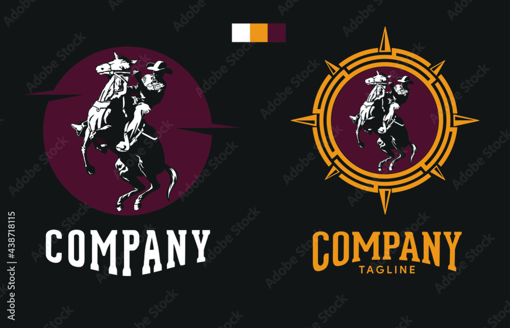 Fototapeta premium cowboy logo riding i horse with hat, vintage and rustic adventure set logo template vector