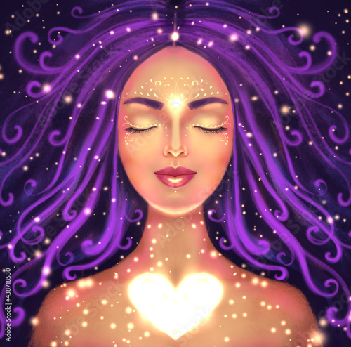 illustration of a beautiful woman on a dark background with a shining heart. Symbol of self-love, spiritual awakening and intuition photo
