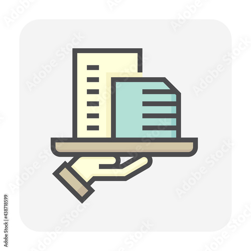 Housing estate or condominium and agent or realtor vector icon. That high building and people specialize in real estate, property, law to development, owned, sale, rent, buy, investment. 64x64 pixel.
