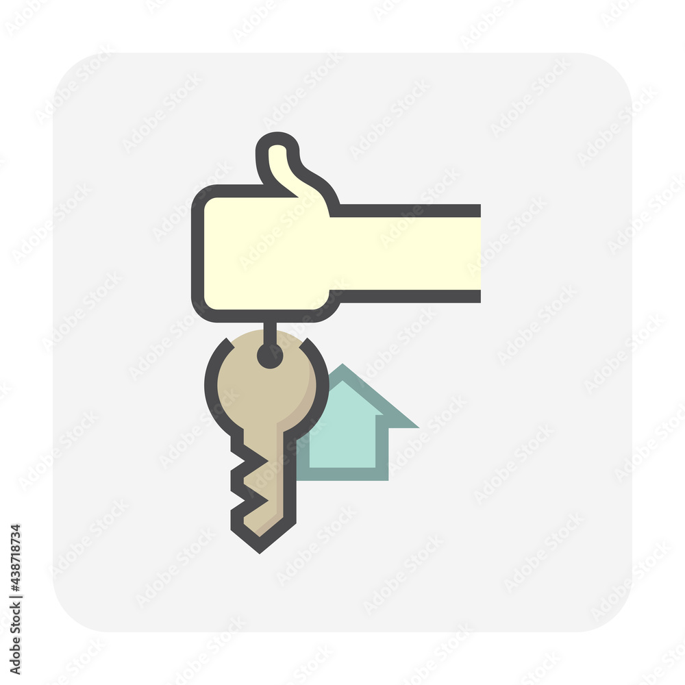 House sale, buy concept vector icon. Consist of hand holding keyring or keychain, home or house sign and ring for real estate or property to lock, unlock, open door of building for security. 64x64 px. House sale, buy concept vector icon. Consist of hand holding keyring or keychain, home or house sign and ring for real estate or property to lock, unlock, open door of building for security. 64x64 px.
