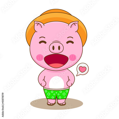Summer concept of cute pig cartoon character illustration