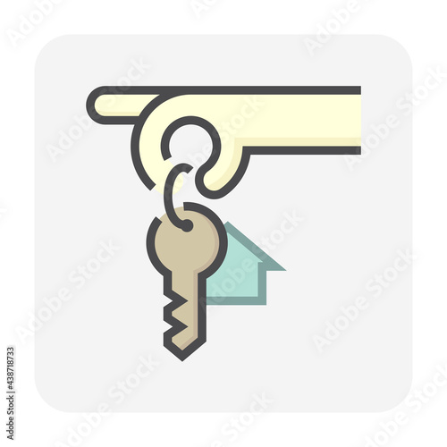 House sale, buy concept vector icon. Consist of hand holding keyring or keychain, home or house sign and ring for real estate or property to lock, unlock, open door of building for security. 64x64 px.
