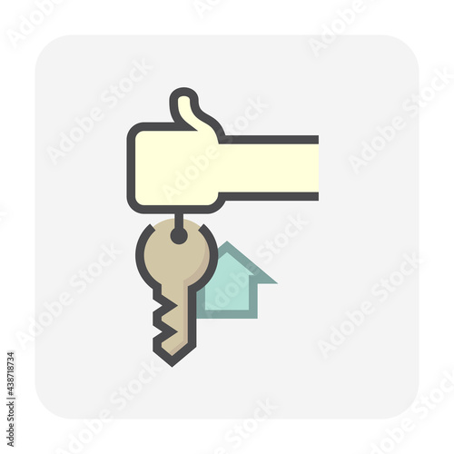 House sale, buy concept vector icon. Consist of hand holding keyring or keychain, home or house sign and ring for real estate or property to lock, unlock, open door of building for security. 64x64 px.