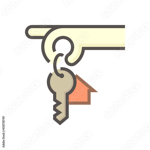 House sale, buy concept vector icon. Consist of hand holding keyring or keychain, home or house sign and ring for real estate or property to lock, unlock, open door of building for security. 64x64 px.