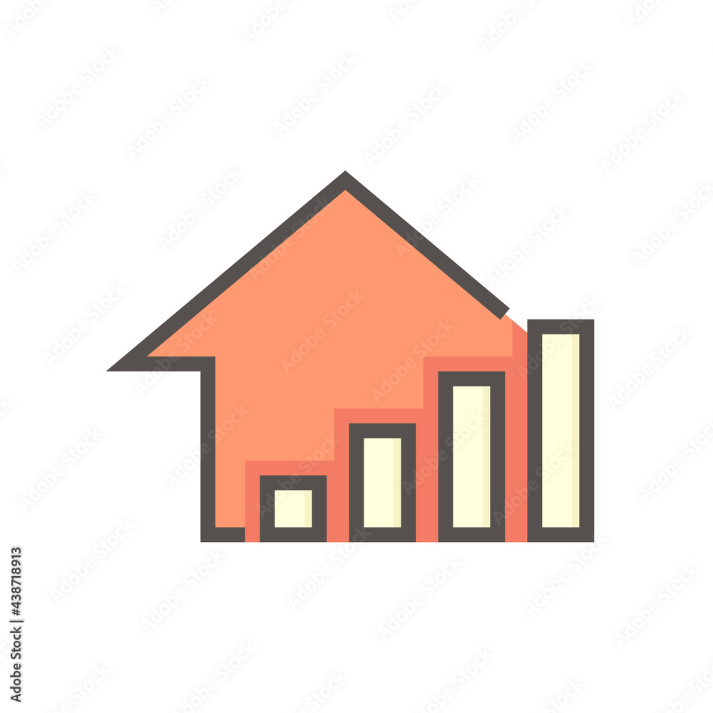 House price or value increase vector icon. Consist of home or house building,  growth graph. Rate of real estate or property for development, owned, sale, rent, buy, purchase or investment. 64x64 px.