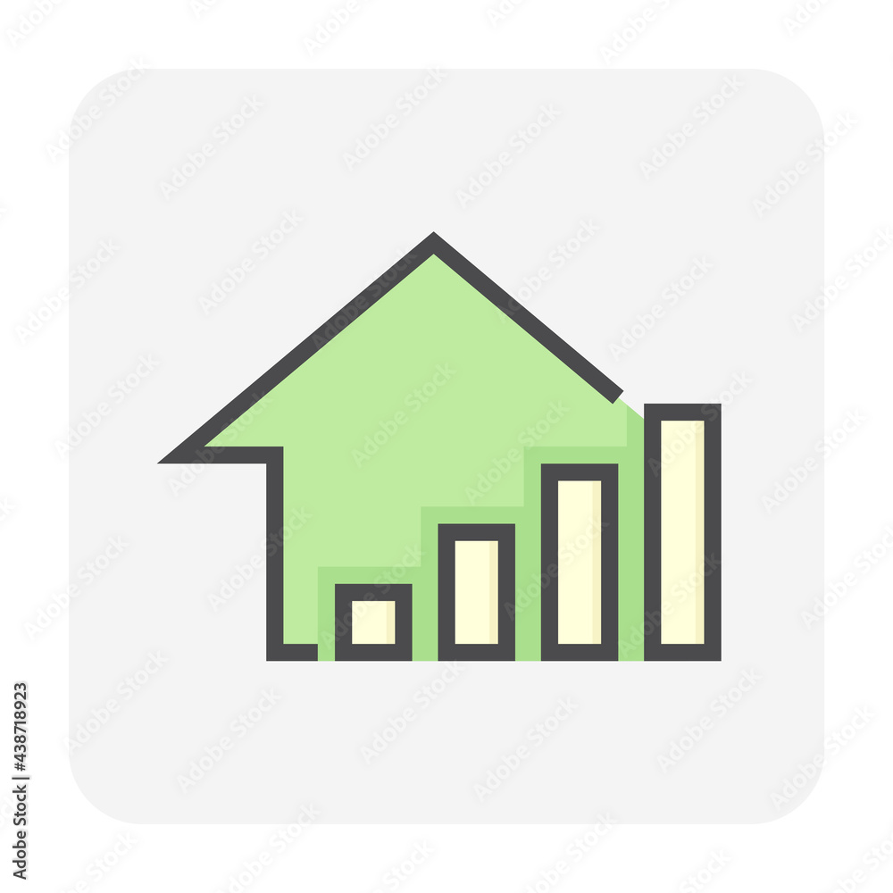 House price or value increase vector icon. Consist of home or house building, growth graph. Rate of real estate or property for development, owned, sale, rent, buy, purchase or investment. 64x64 px. House price or value increase vector icon. Consist of home or house building, growth graph. Rate of real estate or property for development, owned, sale, rent, buy, purchase or investment. 64x64 px.