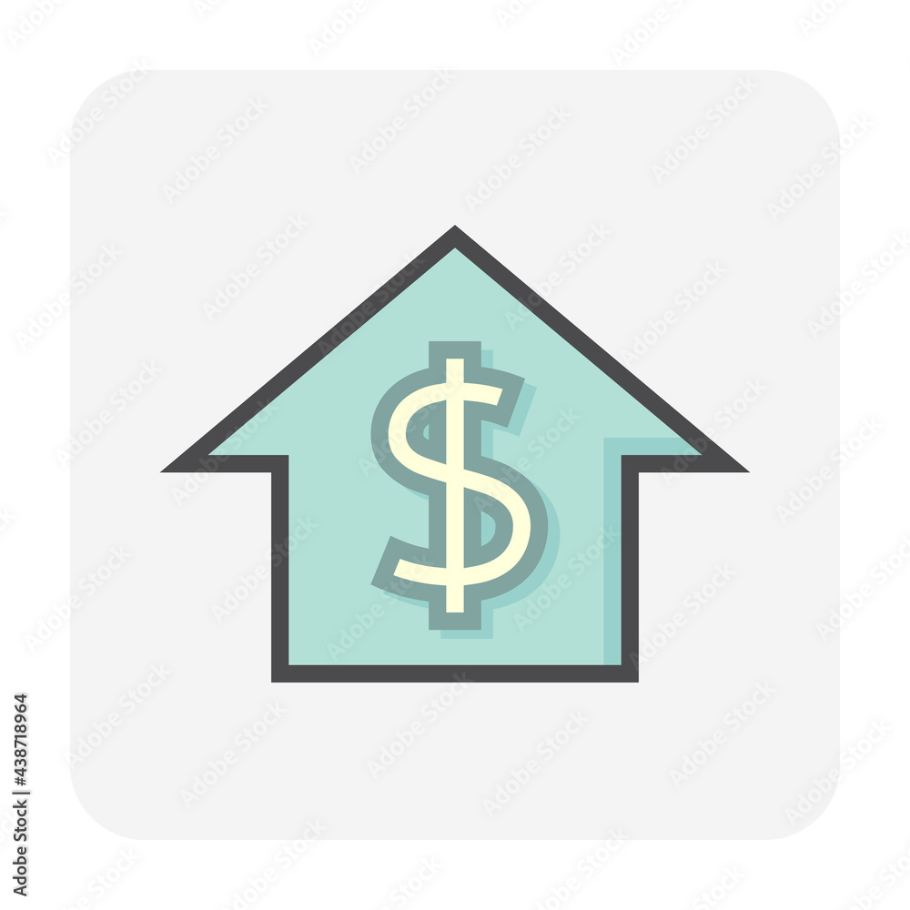 House price or value vector icon design. Consist of home or house building, dollars sign. That rate or price of real estate or property for development, sale, rent or investment. 64x64 pixel. House price or value vector icon design. Consist of home or house building, dollars sign. That rate or price of real estate or property for development, sale, rent or investment. 64x64 pixel.