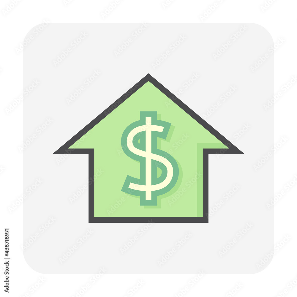 House price or value vector icon design. Consist of home or house building, dollars sign. That rate or price of real estate or property for development, sale, rent or investment. 64x64 pixel. House price or value vector icon design. Consist of home or house building, dollars sign. That rate or price of real estate or property for development, sale, rent or investment. 64x64 pixel.