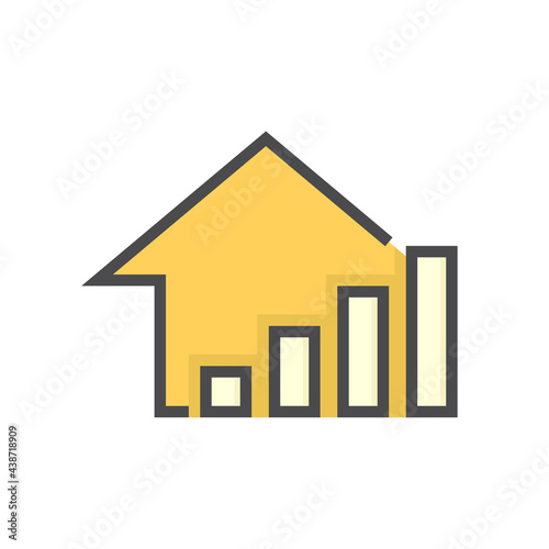House price or value increase vector icon. Consist of home or house building,  growth graph. Rate of real estate or property for development, owned, sale, rent, buy, purchase or investment. 64x64 px.