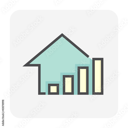 House price or value increase vector icon. Consist of home or house building, growth graph. Rate of real estate or property for development, owned, sale, rent, buy, purchase or investment. 64x64 px.