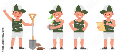 Set of children character vector design. Boy wear green shirt. Presentation in various action with emotions.