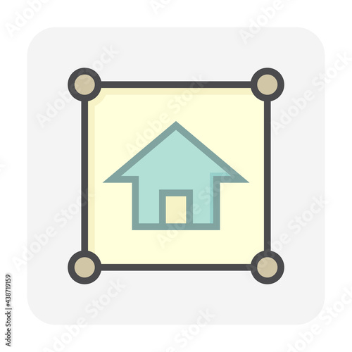 Land plot and house vector icon in top view. Include gps position pin point of location. Real estate or property for housing subdivision, development, owned, sale, rent, buy or investment.  64x64 px. © DifferR