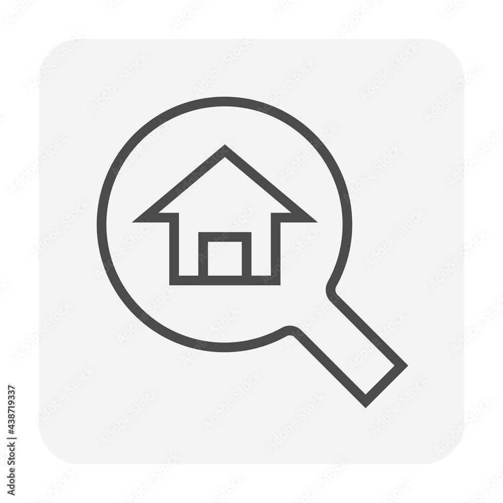 Search house vector icon design. Consist of magnifying glass and people. That resident, agent or realtor to find real estate or property for development, owned, sale, rent, buy or investment. 64x64 px