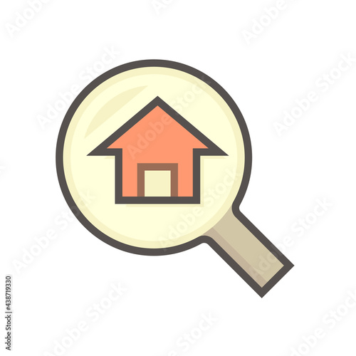 Search house vector icon design. Consist of magnifying glass and people. That resident, agent or realtor to find real estate or property for development, owned, sale, rent, buy or investment. 64x64 px