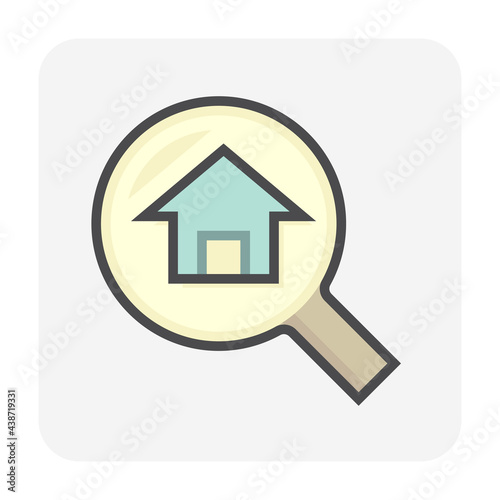 Search house vector icon design. Consist of magnifying glass and people. That resident, agent or realtor to find real estate or property for development, owned, sale, rent, buy or investment. 64x64 px