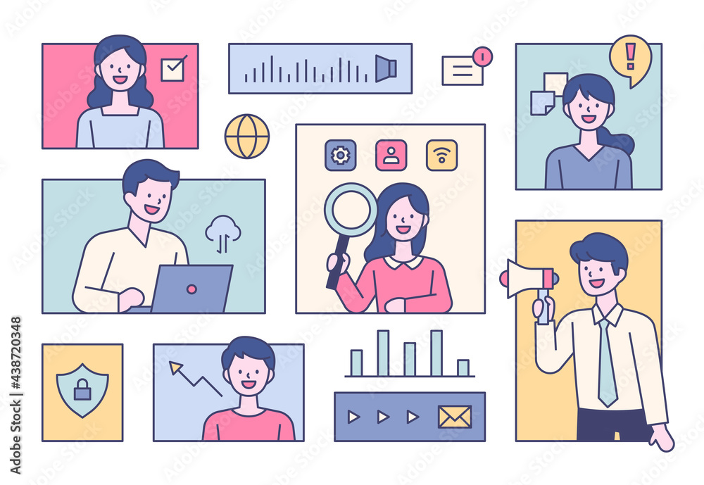 Business experts in each square frame are gathering opinions. flat design style minimal vector illustration. Business experts in each square frame are gathering opinions. flat design style minimal vector illustration.