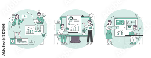 Business marketing illustration. Business icons and experts analyzing data. outline simple vector illustration. photo