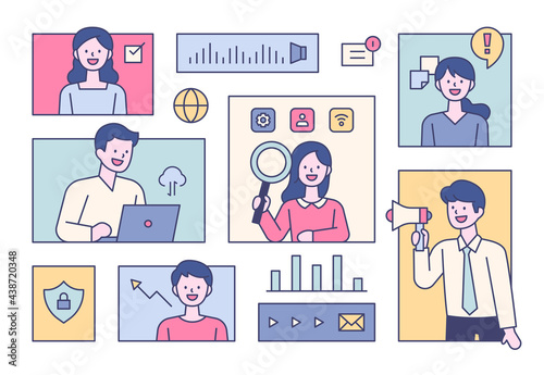 Business experts in each square frame are gathering opinions. flat design style minimal vector illustration.