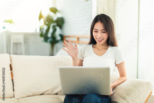 Young women working from home  sitting on the sofa using laptops for telecommuting  and video chatting with colleagues