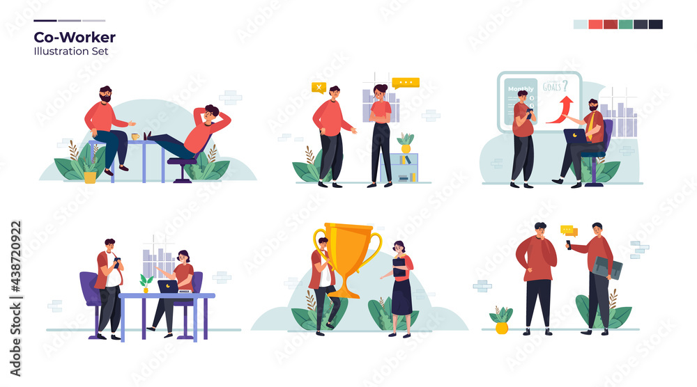 Office environment concept with teamwork and coworker illustration collection set