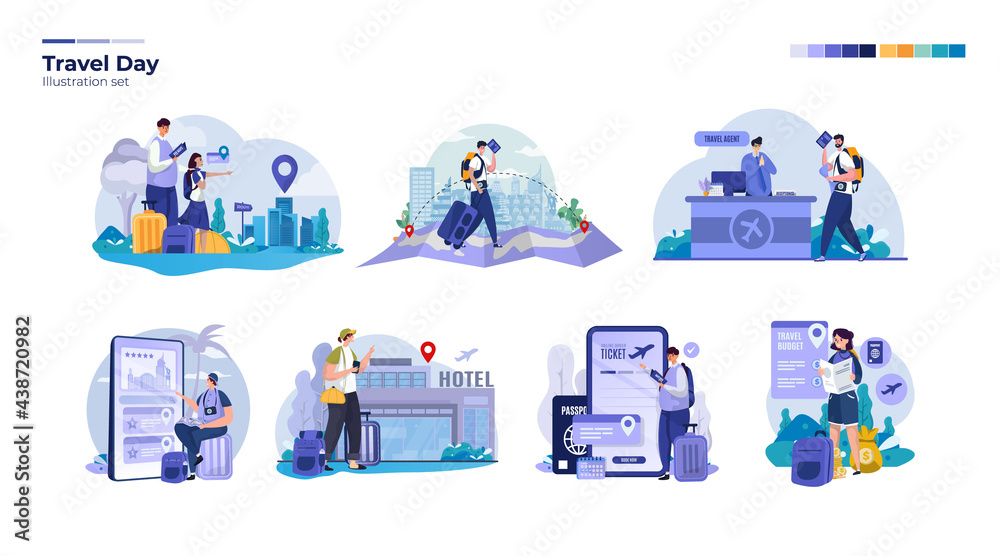 Flat illustration collection set about travel vacation day concept - obrazy, fototapety, plakaty 