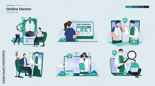 Online doctor consultation mobile apps illustration collection set