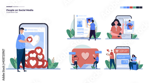 People posting and comment on social media illustration collection set