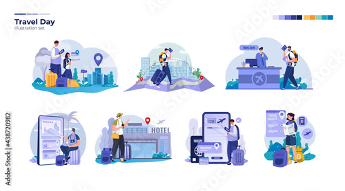 Flat illustration collection set about travel vacation day concept