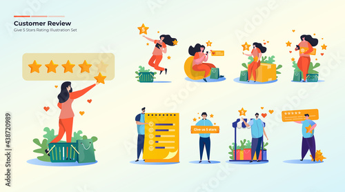 Customer feedback review with give 5 star rating illustration collection set