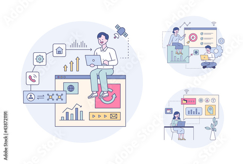 Business professionals are sitting on a web page and analyzing data. flat design style minimal vector illustration.