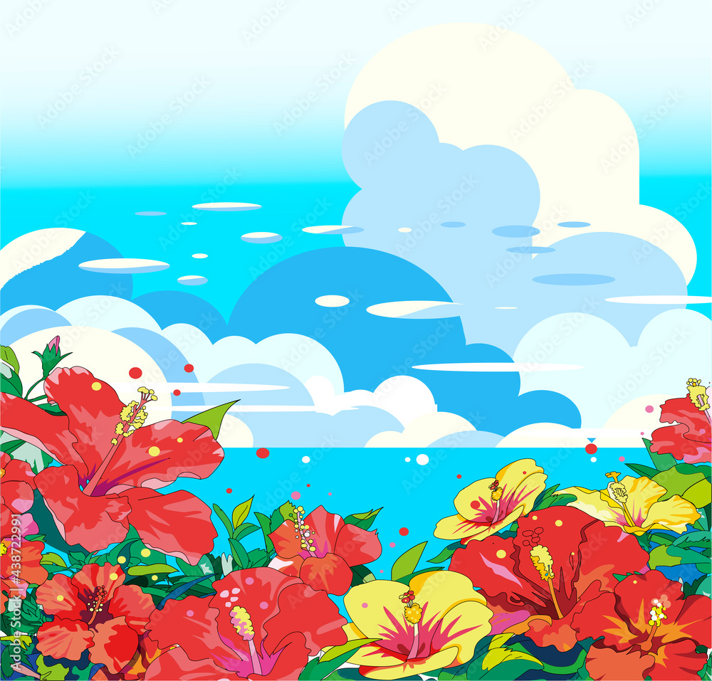 夏の背景 ハイビスカスと海と積乱雲 Stock Vector Adobe Stock