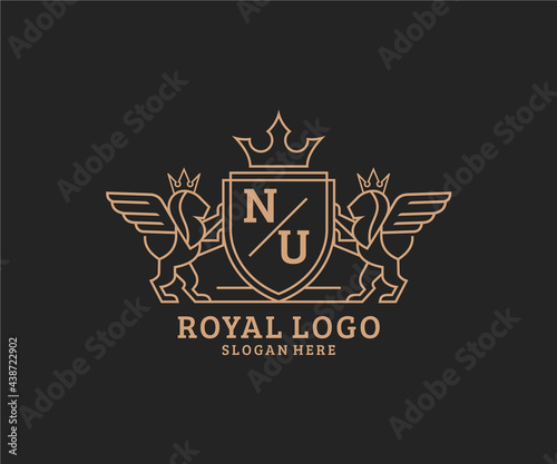 Initial NU Letter Lion Royal Luxury Heraldic,Crest Logo template in vector art for Restaurant, Royalty, Boutique, Cafe, Hotel, Heraldic, Jewelry, Fashion and other vector illustration.