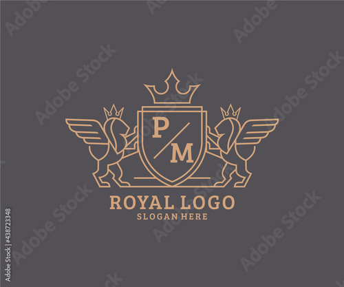 Initial PM Letter Lion Royal Luxury Heraldic,Crest Logo template in vector art for Restaurant, Royalty, Boutique, Cafe, Hotel, Heraldic, Jewelry, Fashion and other vector illustration.