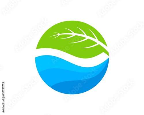 Circle shape with abstract wave with half nature leaf