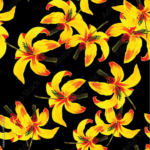Beige Seamless Art. Golden Pattern Illustration. Yellow Tropical Texture. Black Flower Botanical. Floral Design. Wallpaper Background. Flora Botanical. Spring Nature.