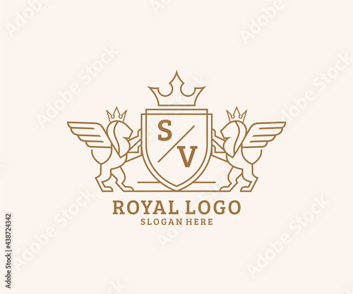 Initial SV Letter Lion Royal Luxury Heraldic,Crest Logo template in vector art for Restaurant, Royalty, Boutique, Cafe, Hotel, Heraldic, Jewelry, Fashion and other vector illustration.