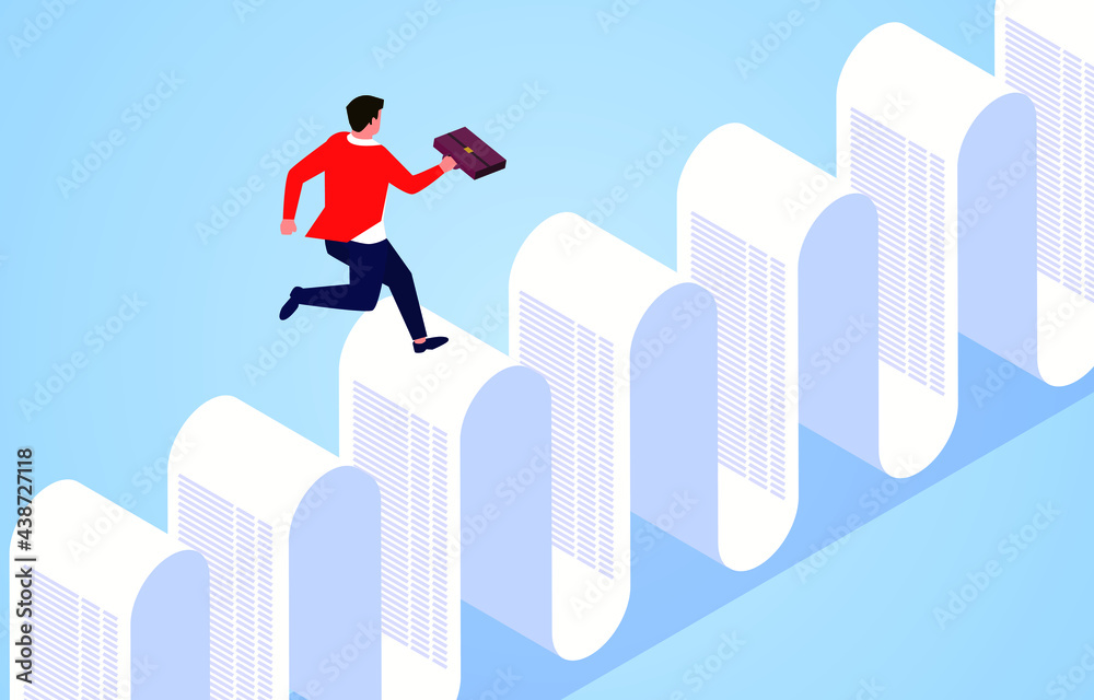 Debt and financial burden, businessmen run on endless length of bills Debt and financial burden, businessmen run on endless length of bills