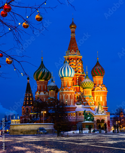 Night winter view of St. Basil's Cathedral on Red Square in Moscow at Christmas, Russia
