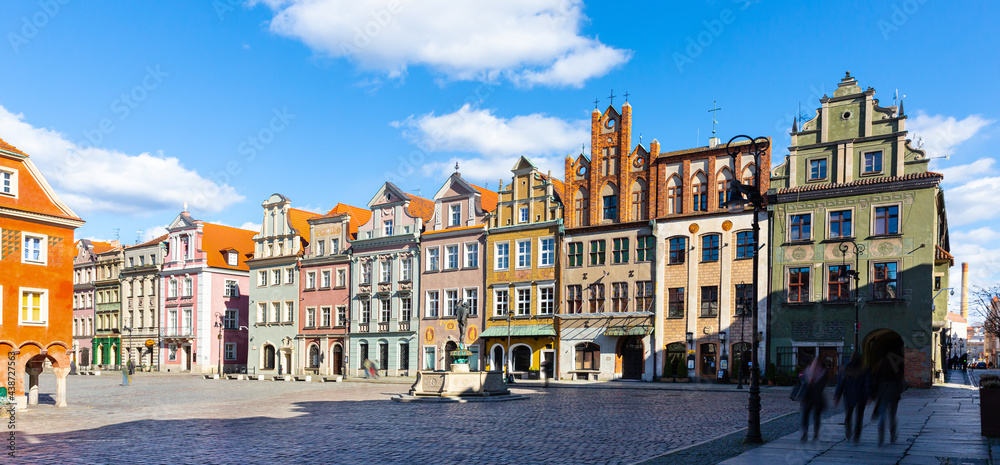View of old market square in Poznan with buildings, town in Poland