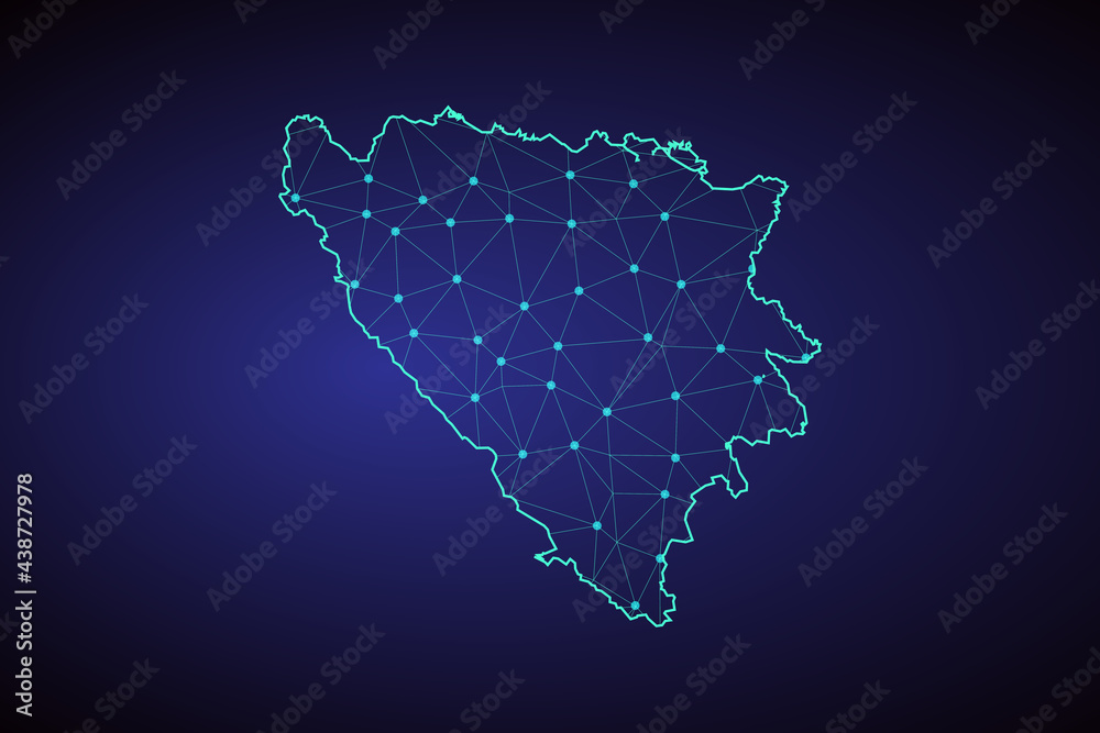 Obraz premium Map of Bosnia and Herzegovina from Polygonal wire frame low poly mesh, contours network line, luminous space stars, design sphere, dot and structure. Vector Illustration EPS10.