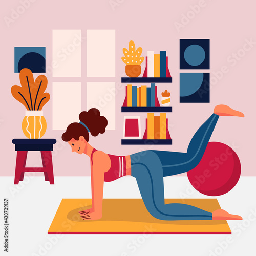 Woman Work Out at Home. Stay home concept. Girl practicing work in living room. Concept illustration for online yoga clases, healthy lifestyle, live stream, internet education. Vector illustration in 