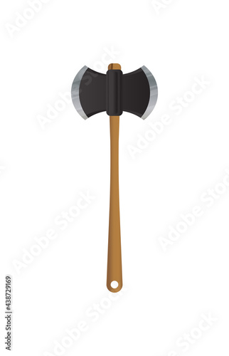 Medieval weapon war axe two sided iron blade with wooden handle two-handed battle axe used by vikings vector illustration on white background
