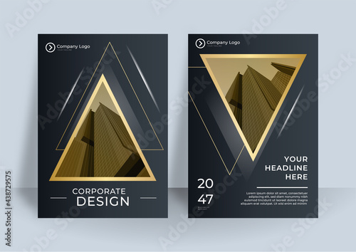Modern black cover design set. Luxury creative line pattern in premium colors: black, gold and white. Formal vector for notebook cover, business poster, brochure template, magazine layout
