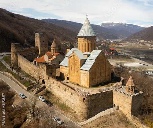 Aerial view of the medieval fortess of of Ananuri, located between the Zhinvali reservoir and the Georgian Military..Road photo