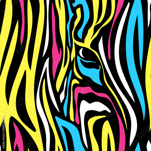 seamless pattern of zebra skin texture, vector repeating background with zebra eyes, color striped animal print, CMYK typographic shades
