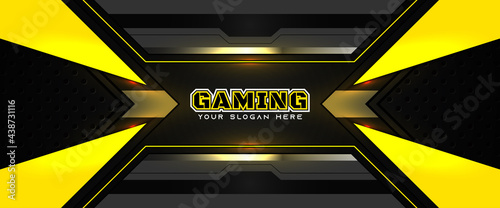 Futuristic black and yellow gaming banner design template with metal technology concept. Vector illustration for business corporate promotion, game header social media, live streaming background