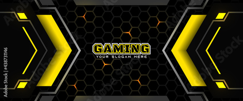 Futuristic black and yellow gaming banner design template with metal technology concept. Vector illustration for business corporate promotion, game header social media, live streaming background