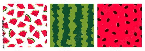 Watermelon - vector set of seamless patterns. Watermelon texture, pattern, pulp, peel, pieces. Bright summer set of prints for fabric, tablecloth, kitchen textiles, apparel, wrapping paper, packaging.